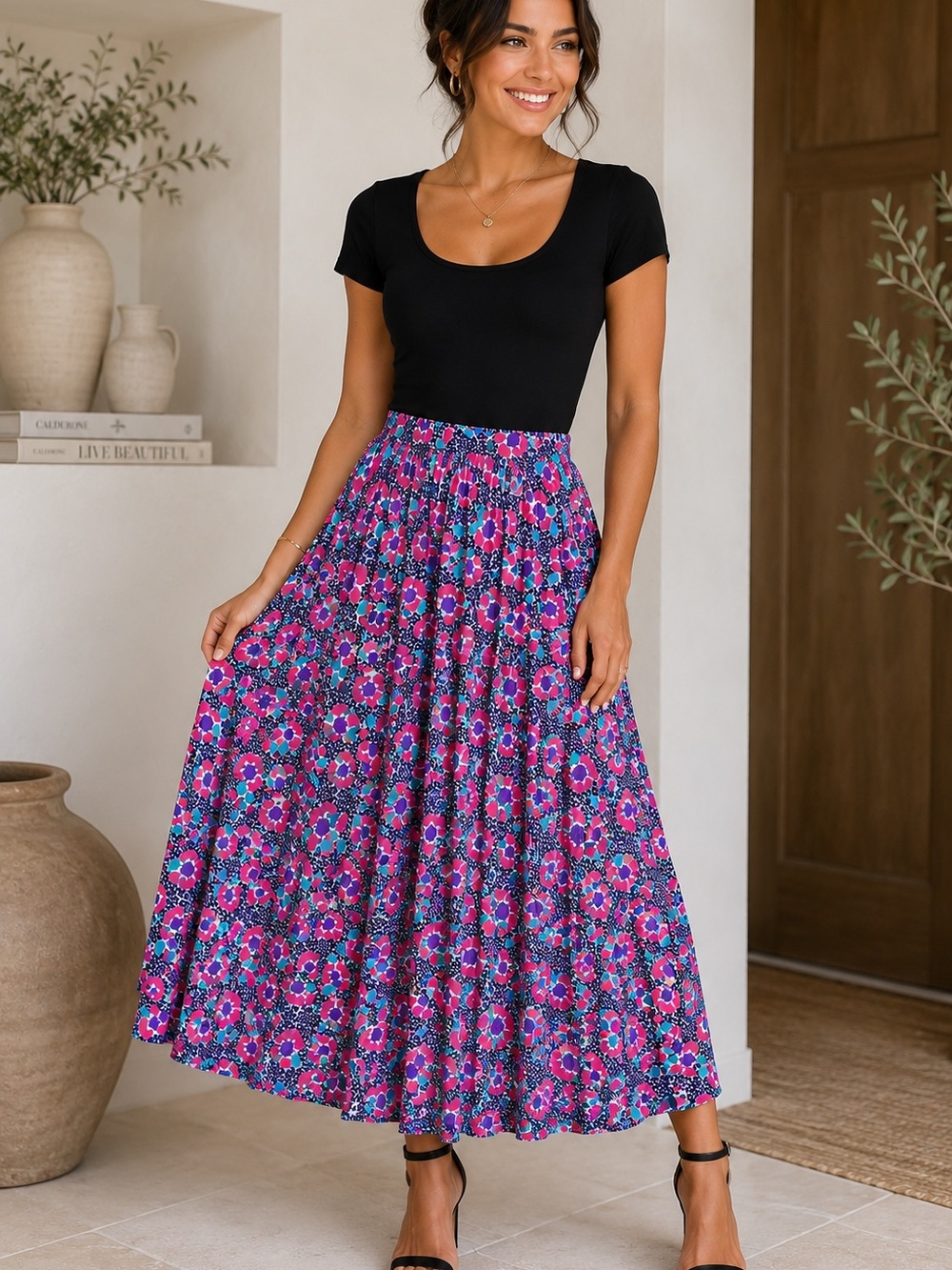 80s Floral Printed Maxi Skirt in Fuchsia and Blue Leopard